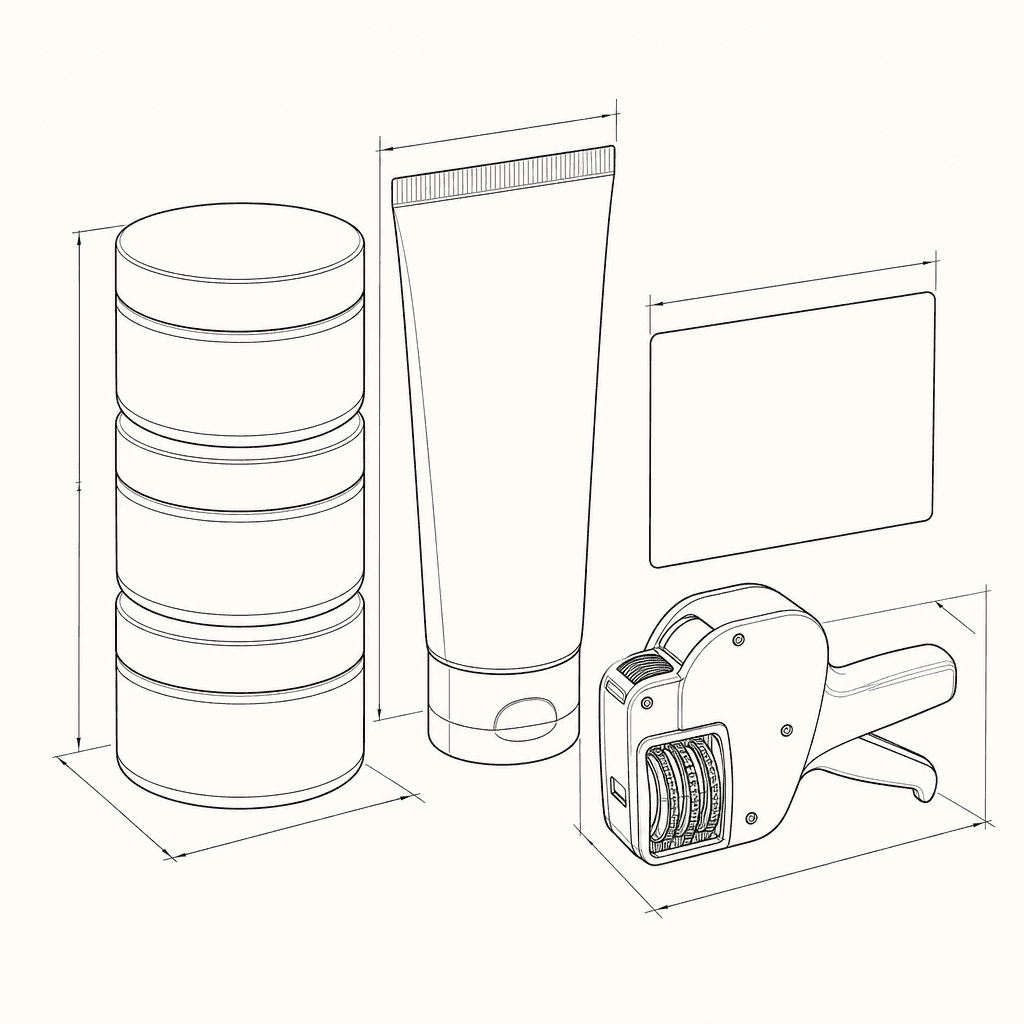 Line drawing of unlabelled cosmetic jars beside a blank batch label card