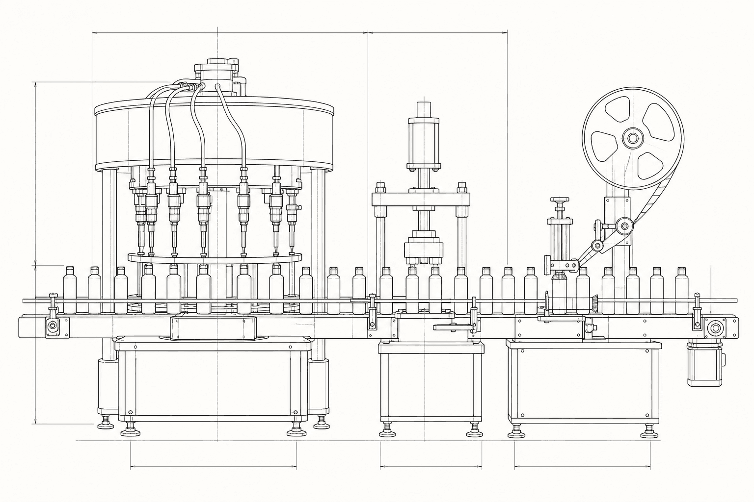 Line drawing of a rotary bottle filling line with a capping head and a labelling wheel