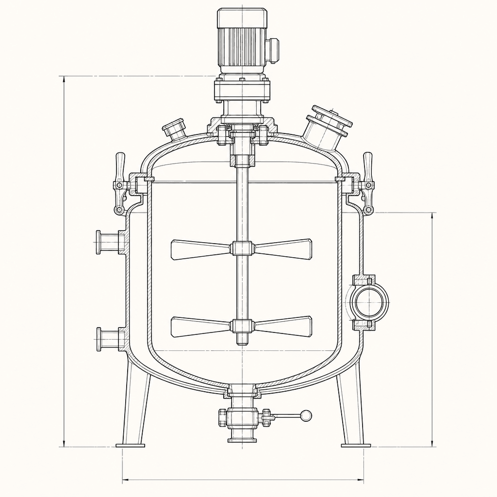 Line drawing of a jacketed vacuum homogeniser vessel in cutaway